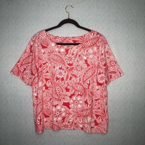 Talbots Blouse 2X Petite Floral Scallop Boat Neck Short Sleeve Pima Cotton